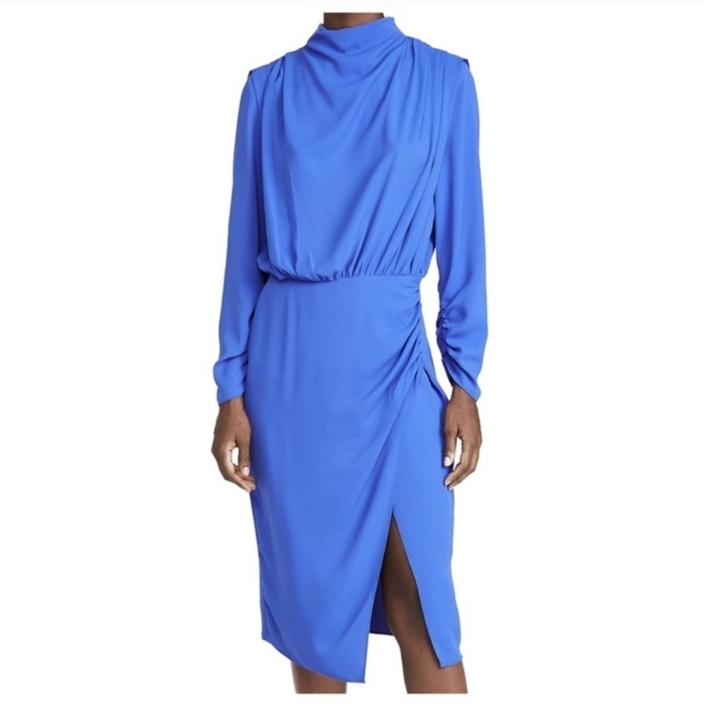 Amanda Uprichard Elegant Blue Long Sleeve Faux Wrap Cowl Neck Dress Size S